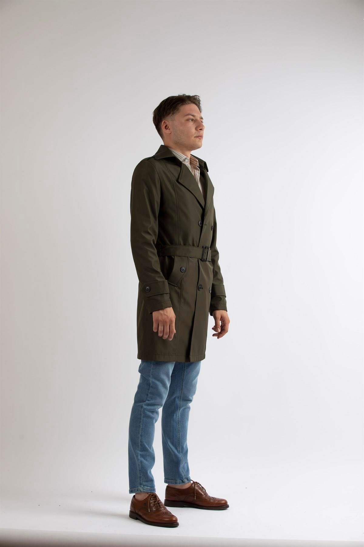 Maserto Slim Fit Erkek Haki Trençkot