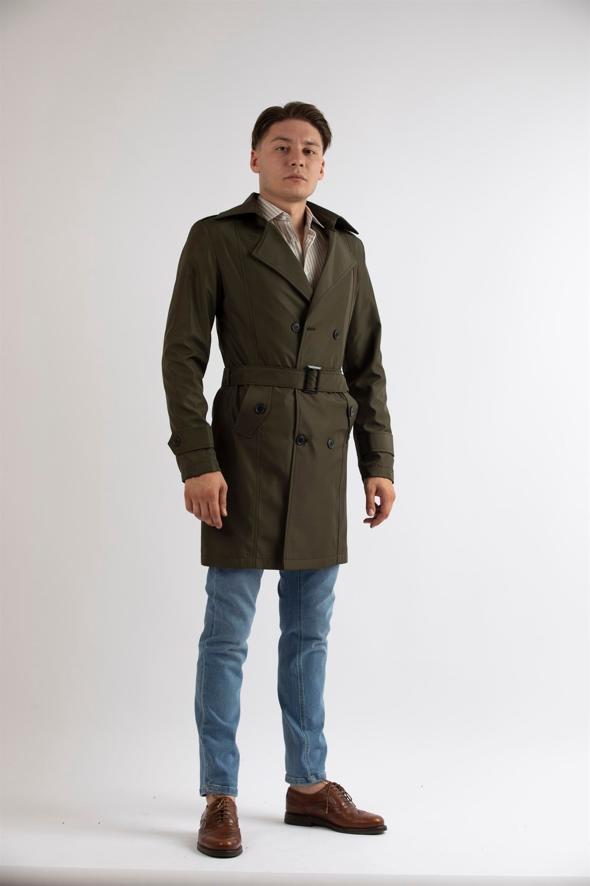 Maserto Slim Fit Erkek Haki Trençkot