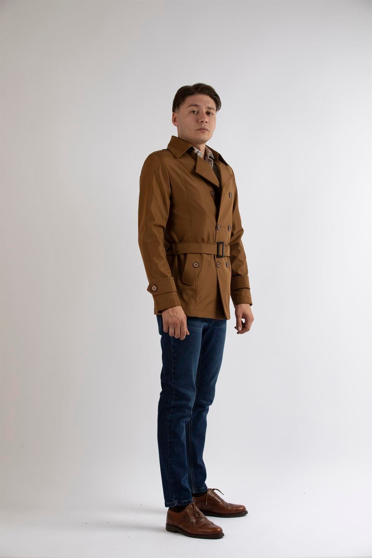 Maserto Slim Fit Men's Short Model Light Brown Trench Coat