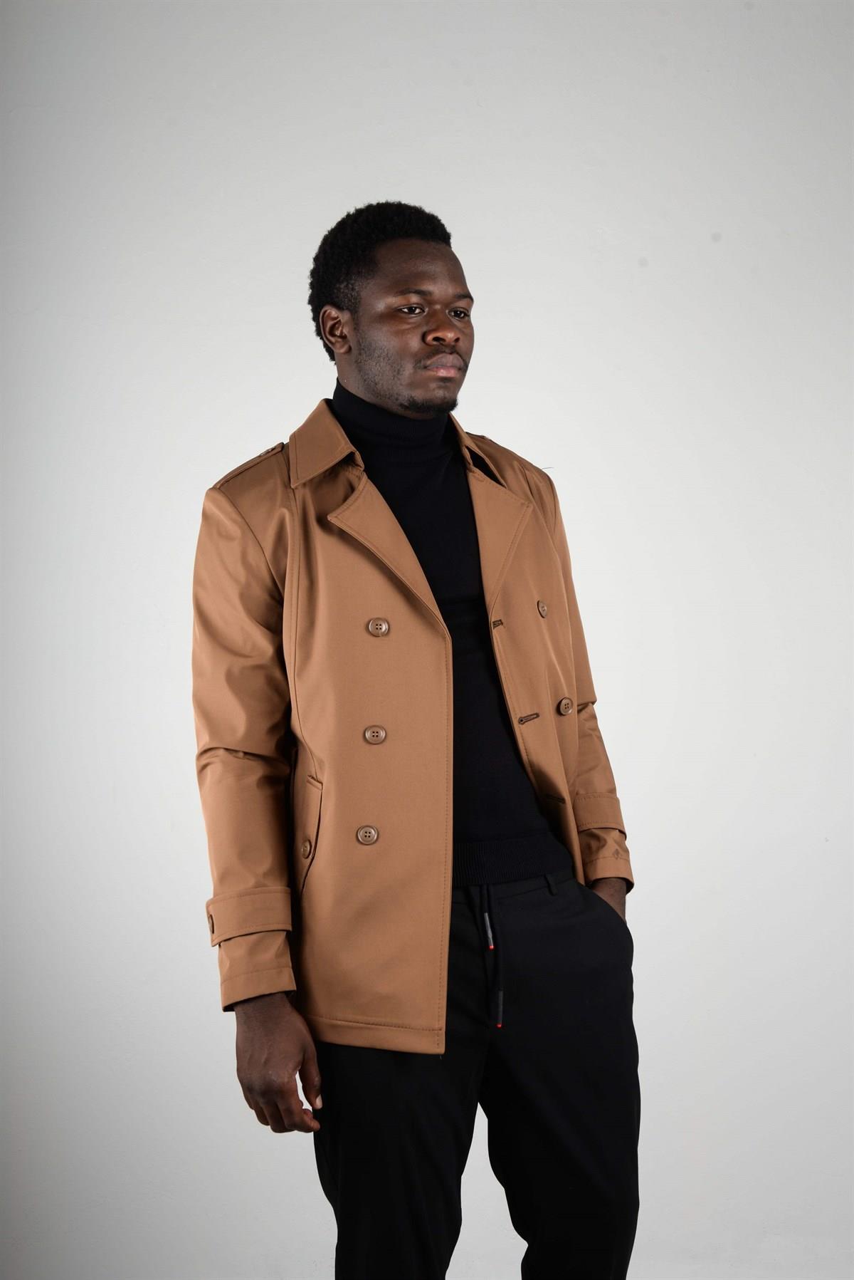 Maserto Slim Fit Men's Short Model Light Brown Trench Coat