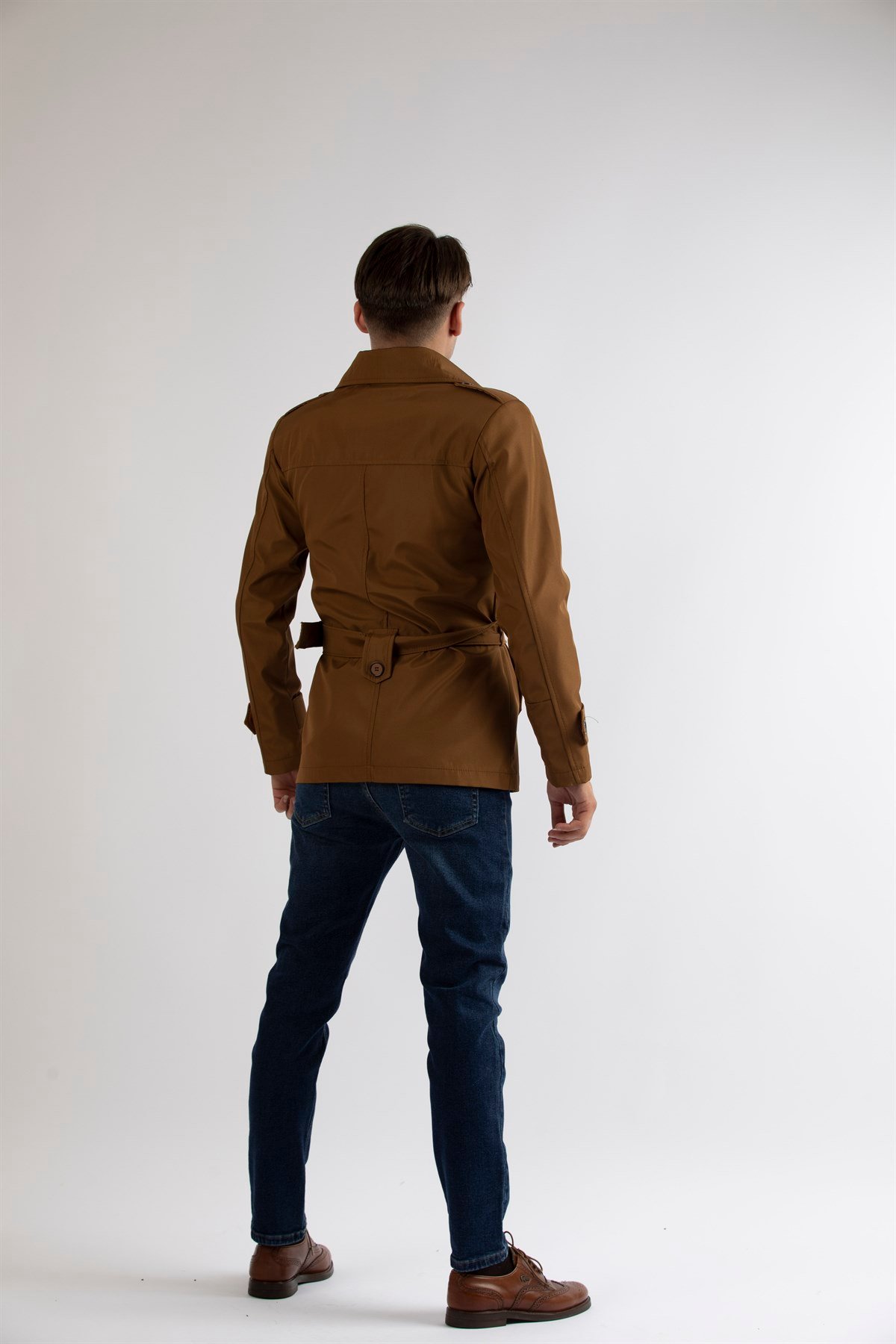 Maserto Slim Fit Men's Short Model Light Brown Trench Coat