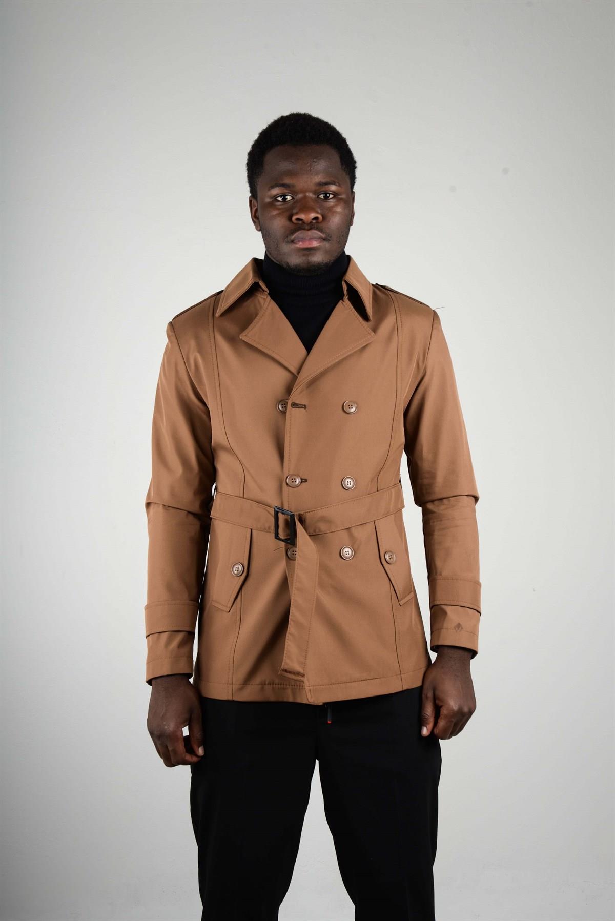 Maserto Slim Fit Men's Short Model Light Brown Trench Coat