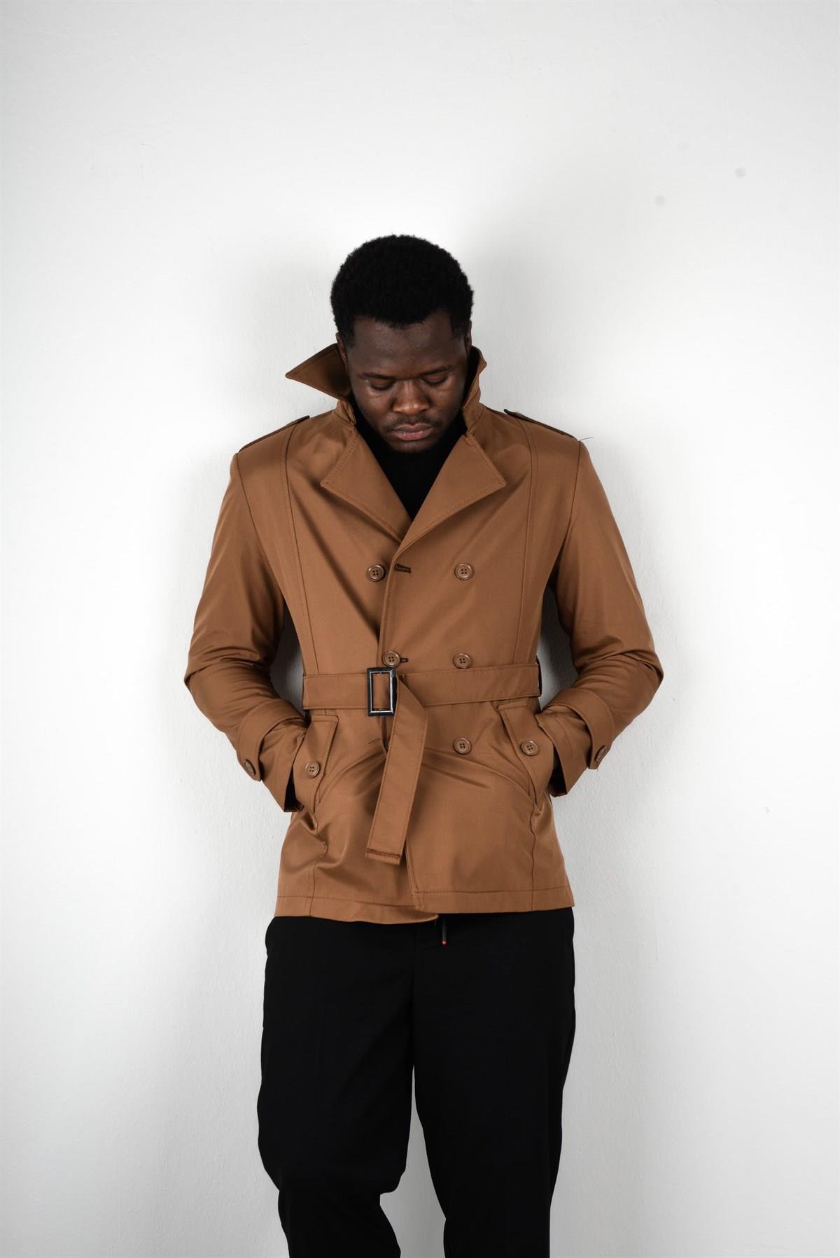 Maserto Slim Fit Men's Short Model Light Brown Trench Coat