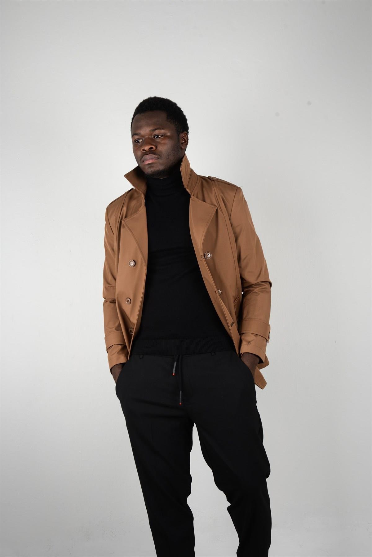 Maserto Slim Fit Men's Short Model Light Brown Trench Coat