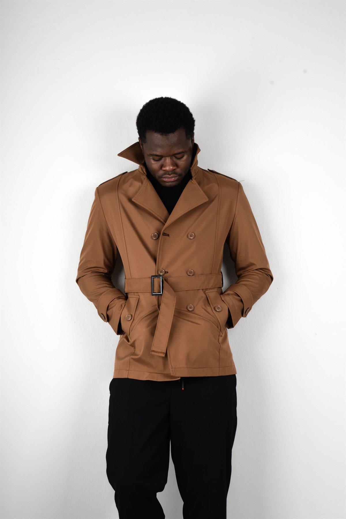 Maserto Slim Fit Men's Short Model Light Brown Trench Coat