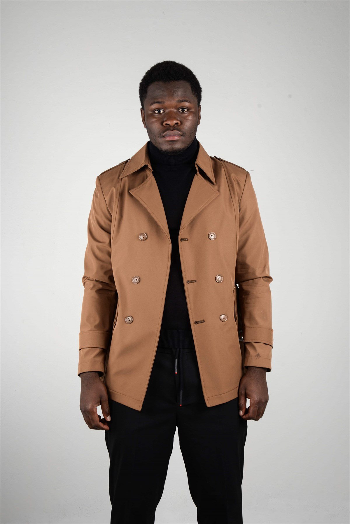 Maserto Slim Fit Men's Short Model Light Brown Trench Coat