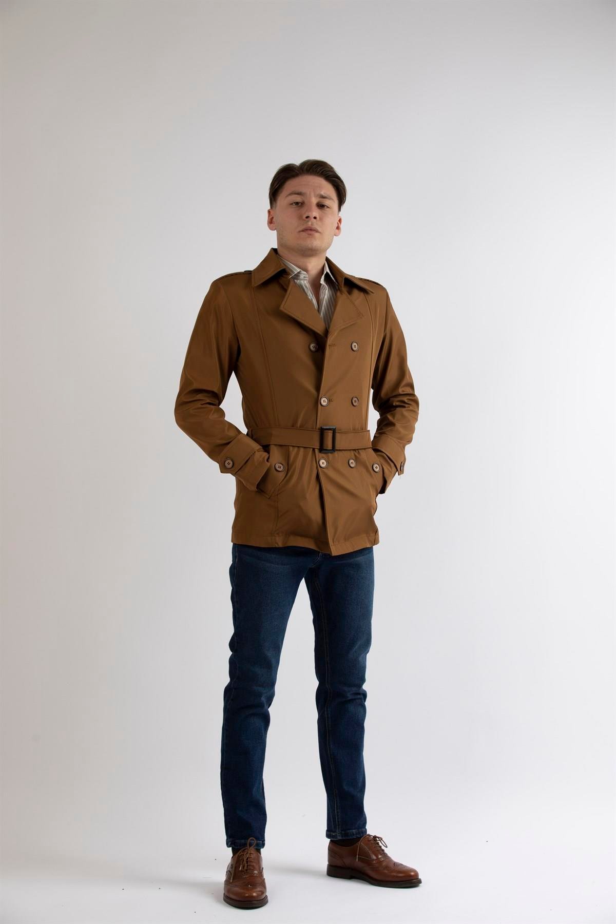 Maserto Slim Fit Men's Short Model Light Brown Trench Coat