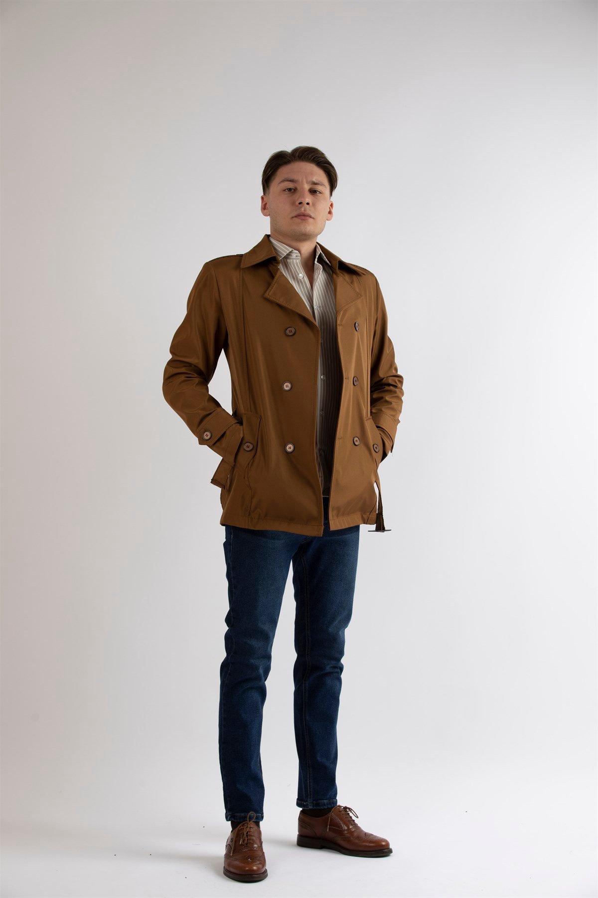 Maserto Slim Fit Men's Short Model Light Brown Trench Coat