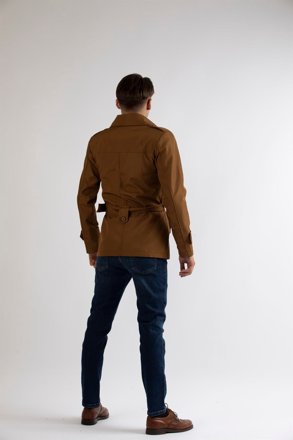 Maserto Slim Fit Men's Short Model Light Brown Trench Coat