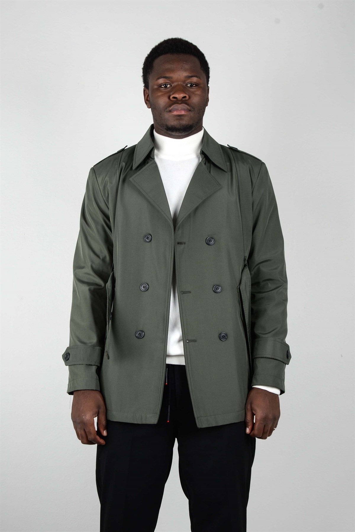 Maserto Slim Fit Men's Short Model Khaki Trench Coat