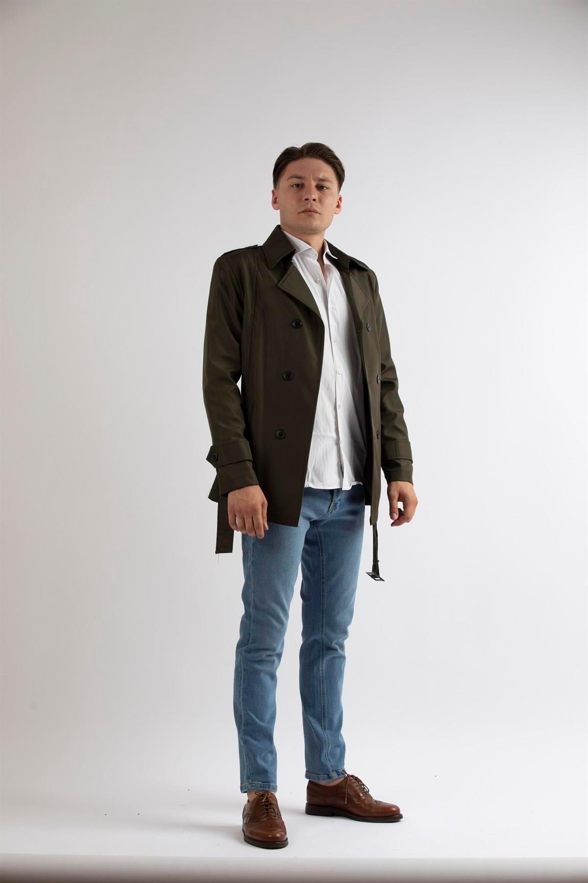 Maserto Slim Fit Men's Short Model Khaki Trench Coat