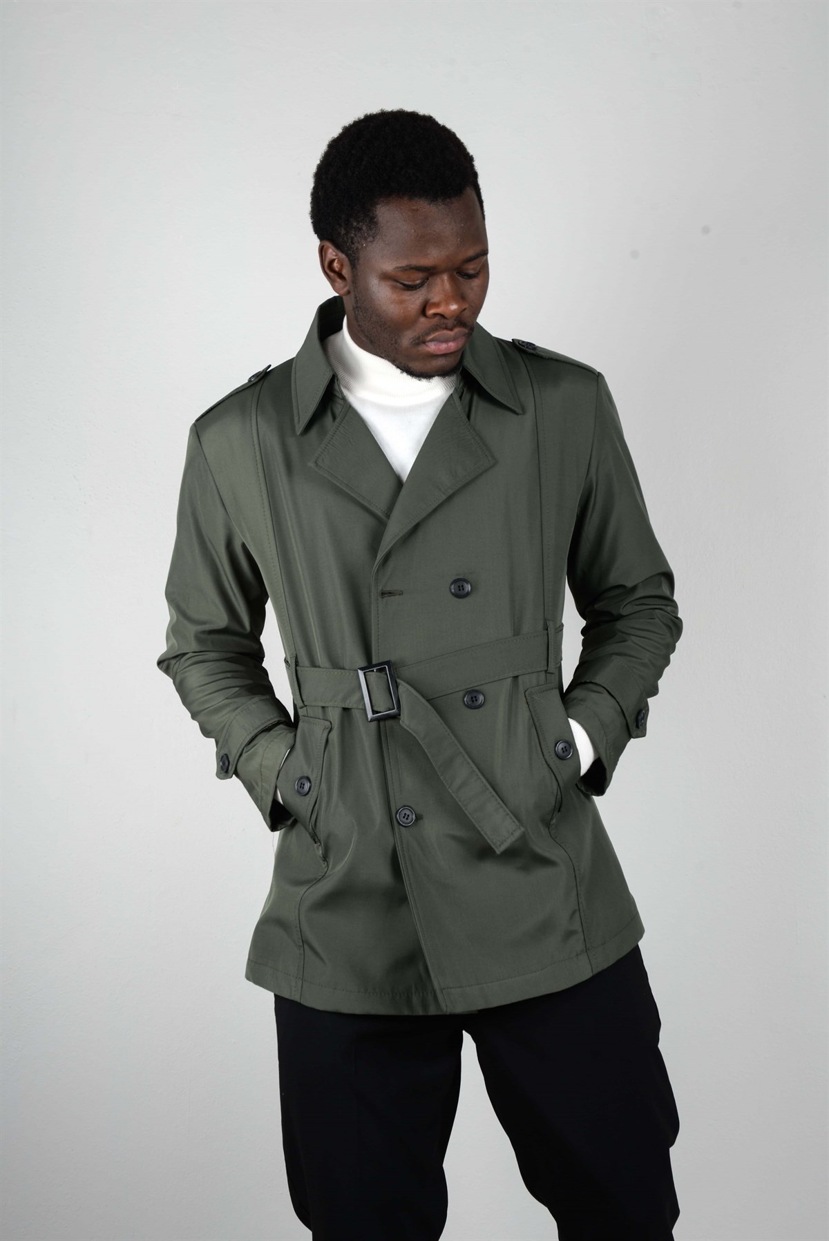 Maserto Slim Fit Men's Short Model Khaki Trench Coat