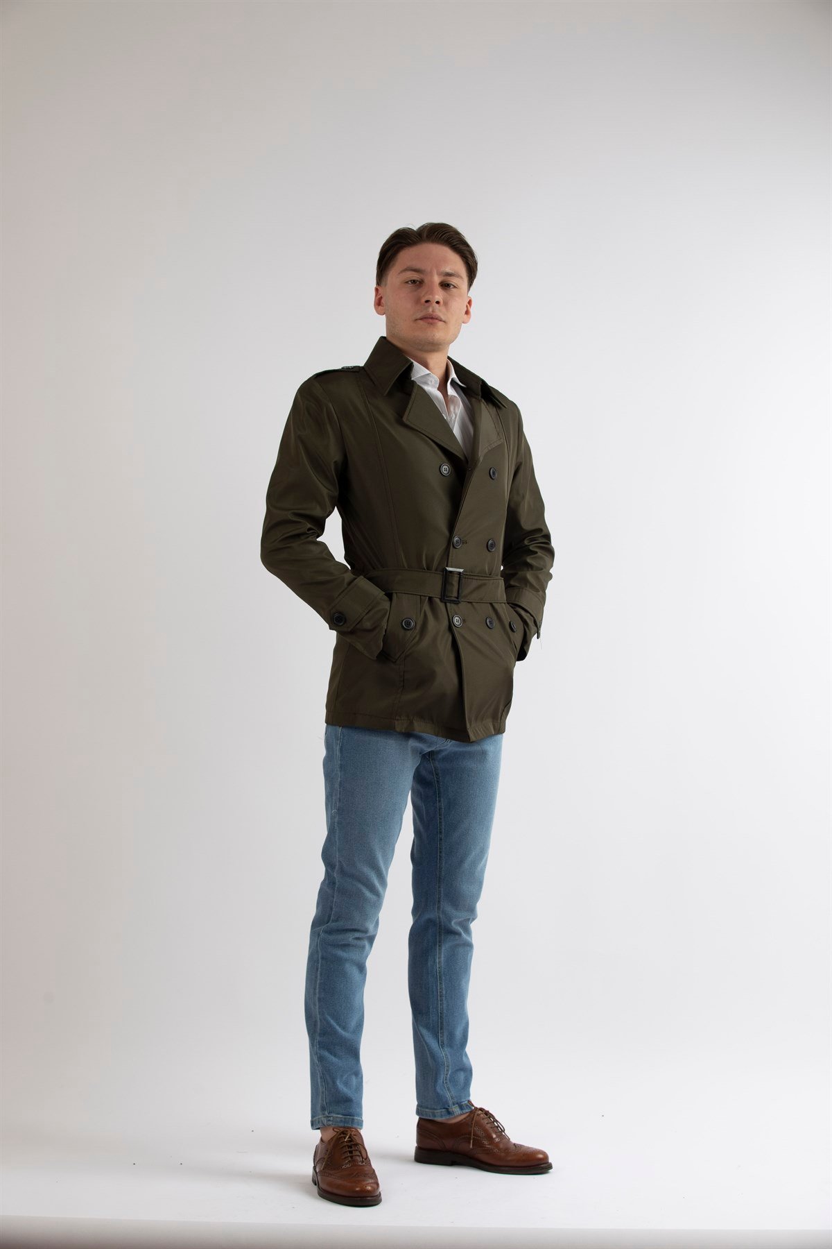 Maserto Slim Fit Men's Short Model Khaki Trench Coat