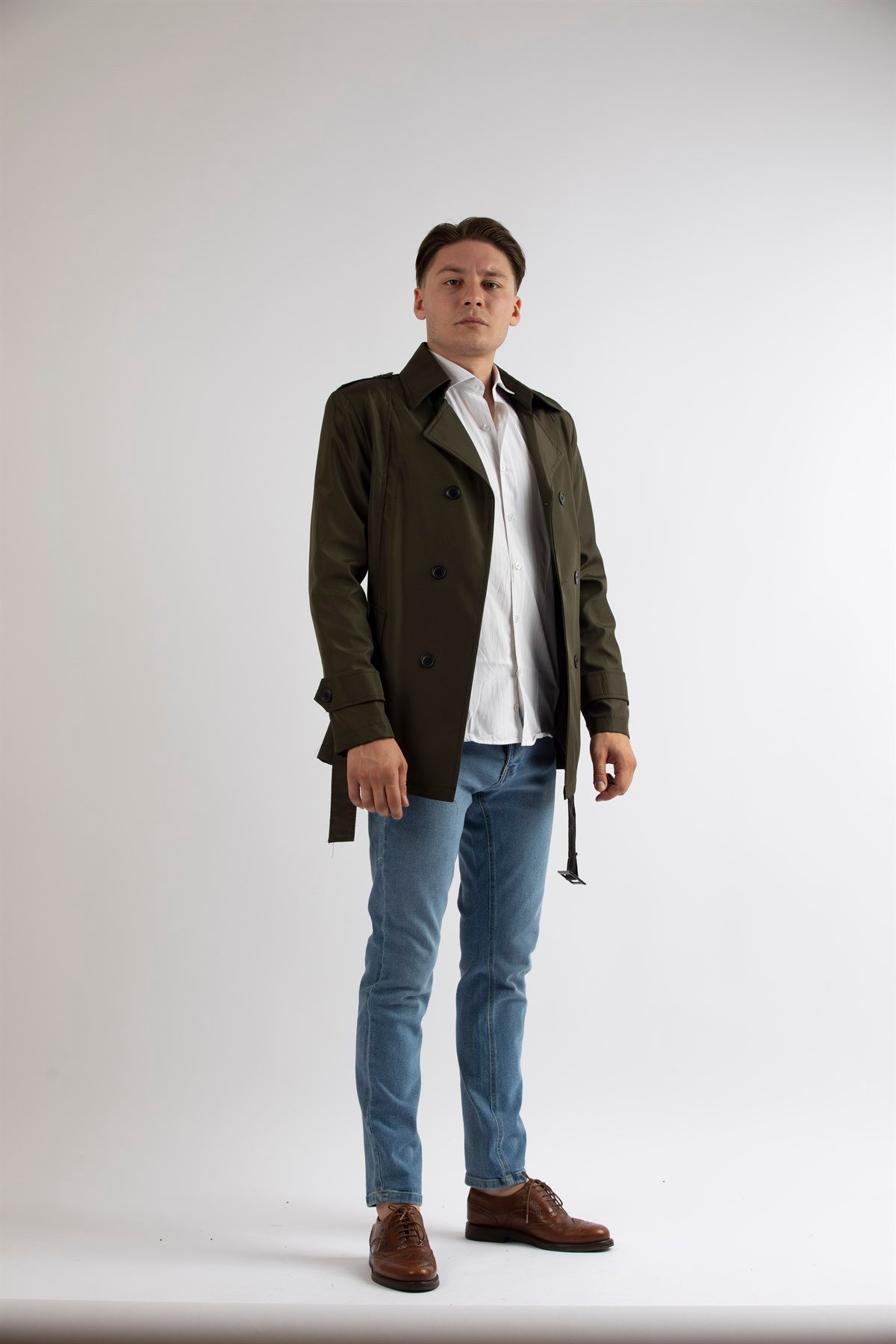 Maserto Slim Fit Men's Short Model Khaki Trench Coat