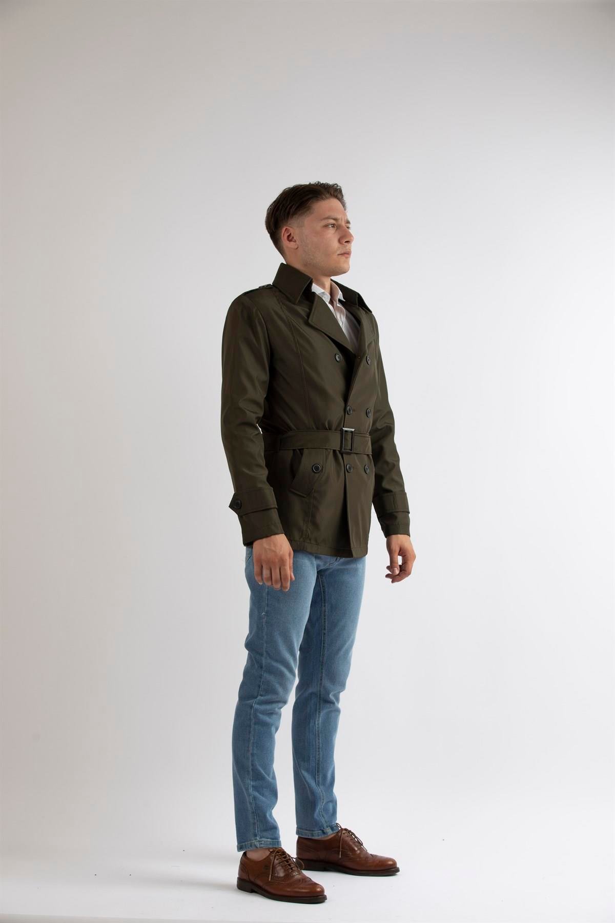 Maserto Slim Fit Men's Short Model Khaki Trench Coat