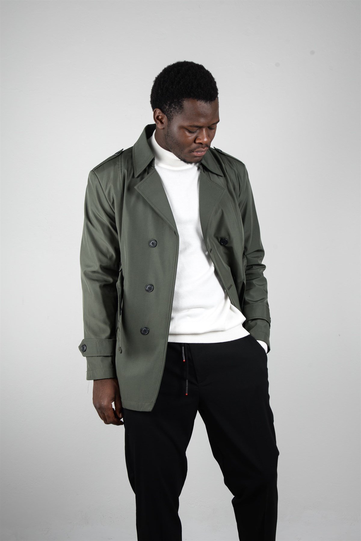 Maserto Slim Fit Men's Short Model Khaki Trench Coat