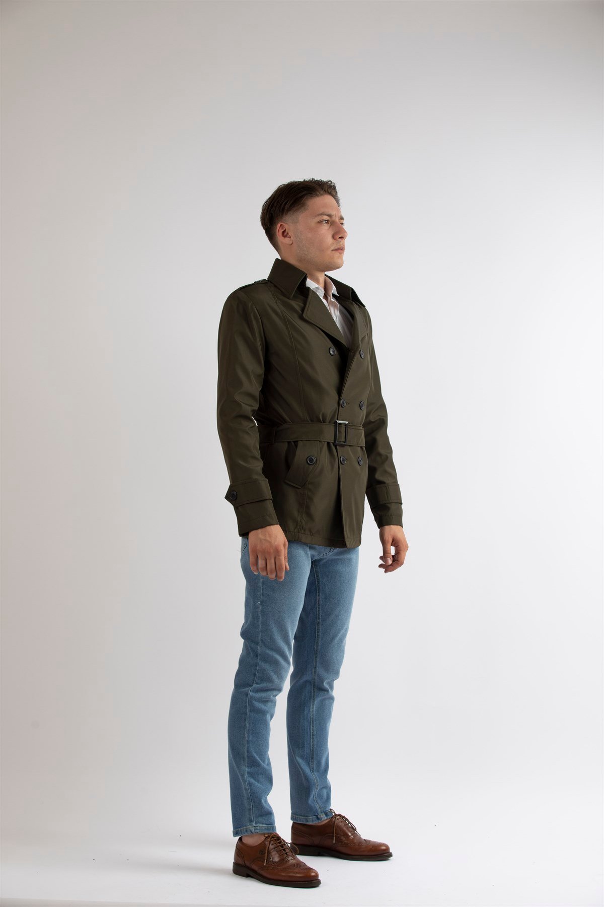 Maserto Slim Fit Men's Short Model Khaki Trench Coat