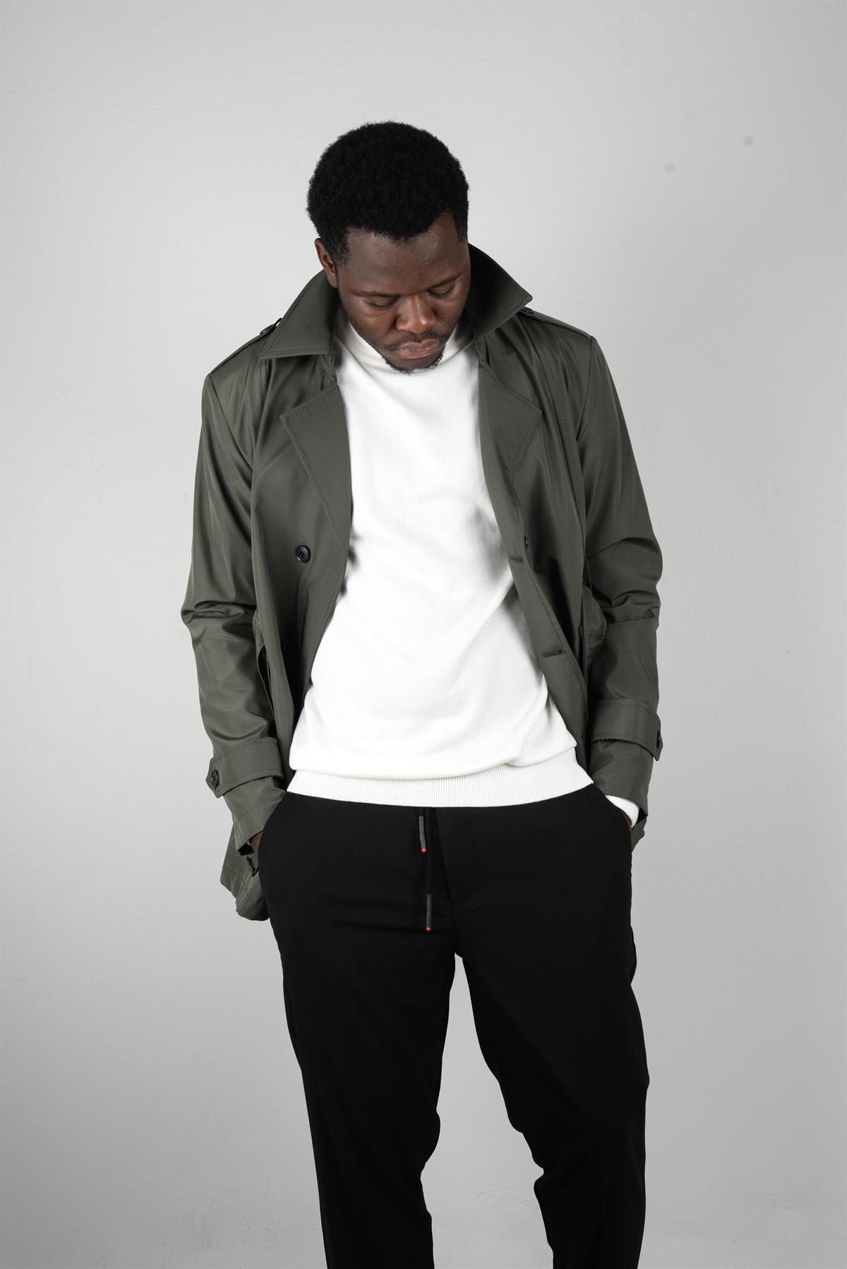 Maserto Slim Fit Men's Short Model Khaki Trench Coat