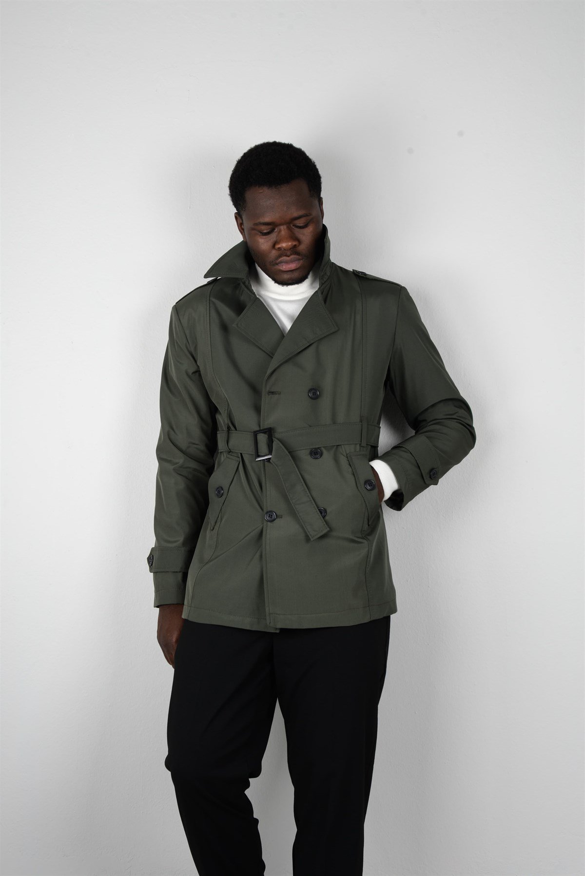 Maserto Slim Fit Men's Short Model Khaki Trench Coat