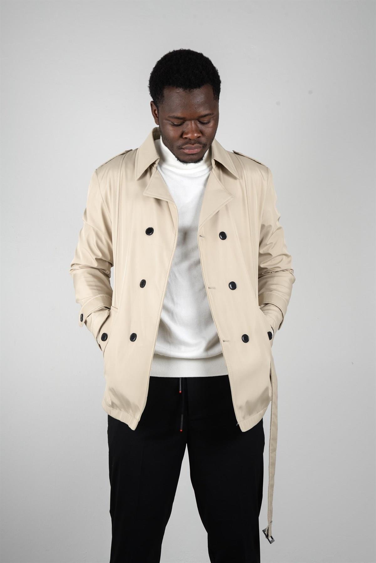 Maserto Slim Fit Men's Short Model Cream Trench Coat