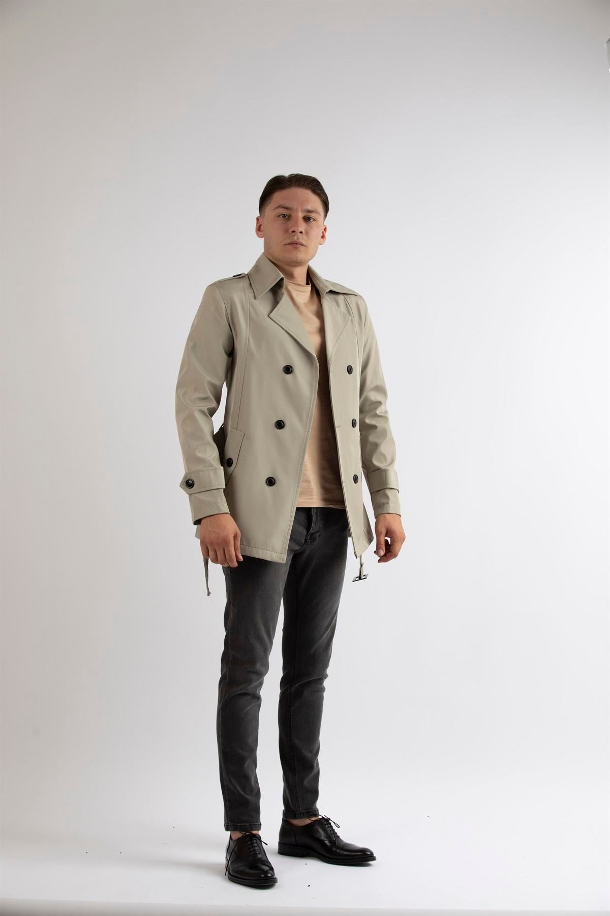 Maserto Slim Fit Men's Short Model Cream Trench Coat