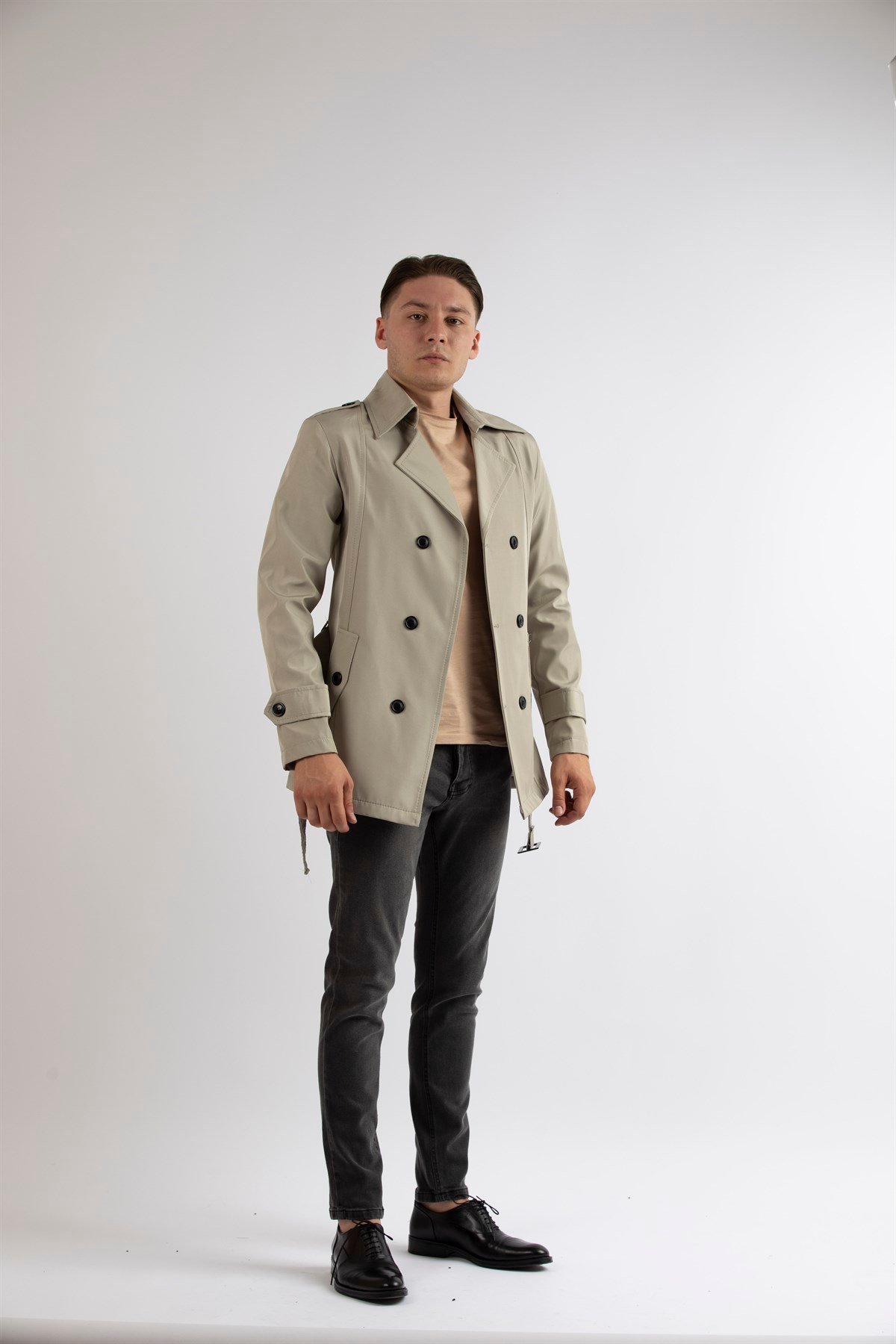 Maserto Slim Fit Men's Short Model Cream Trench Coat