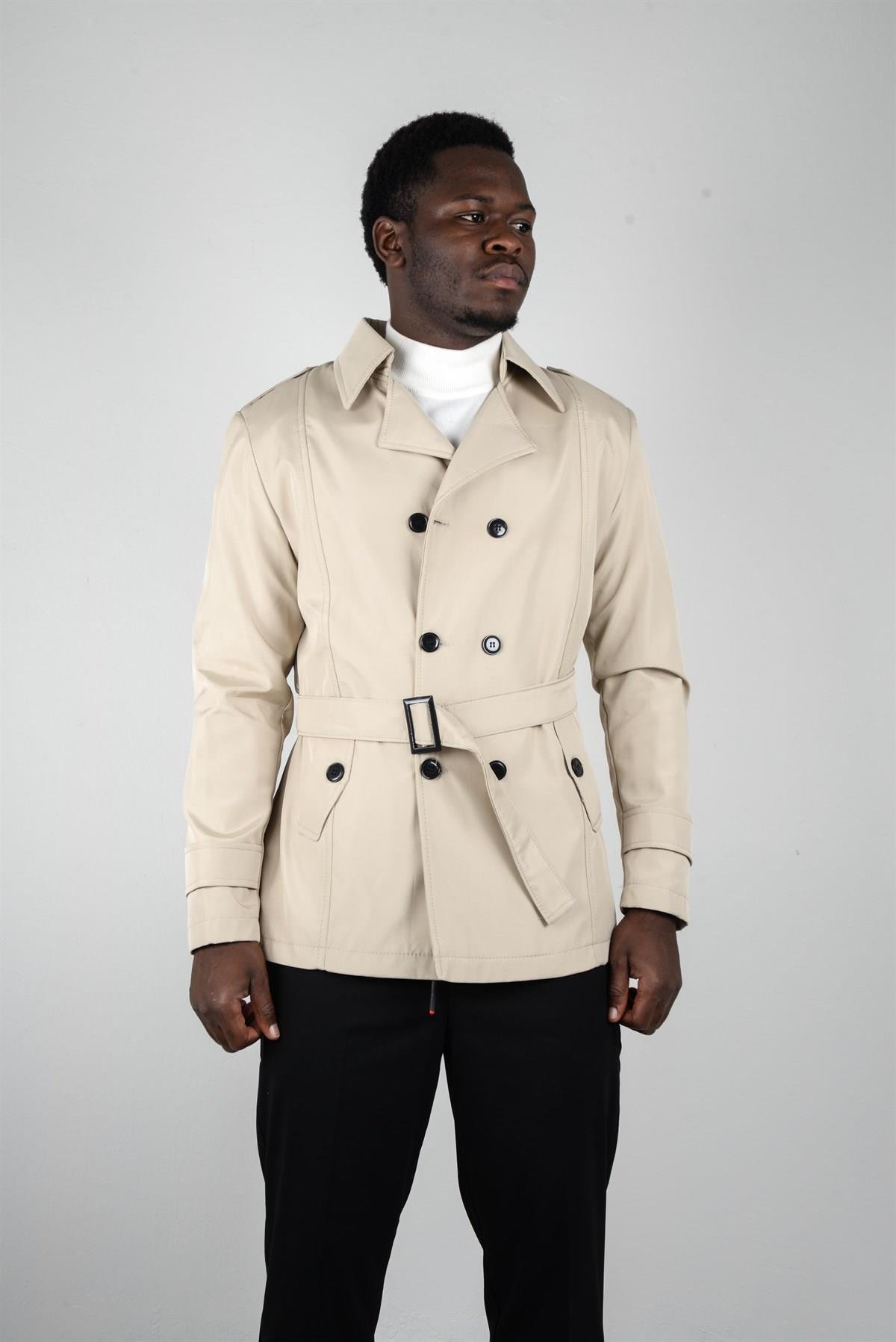 Maserto Slim Fit Men's Short Model Cream Trench Coat