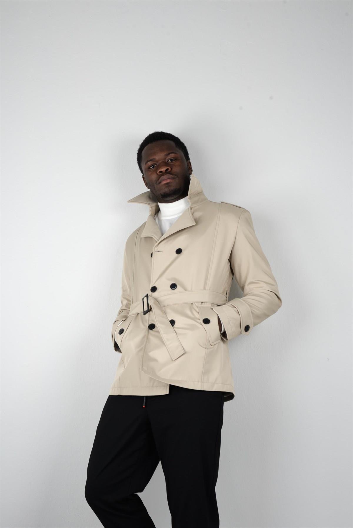 Maserto Slim Fit Men's Short Model Cream Trench Coat