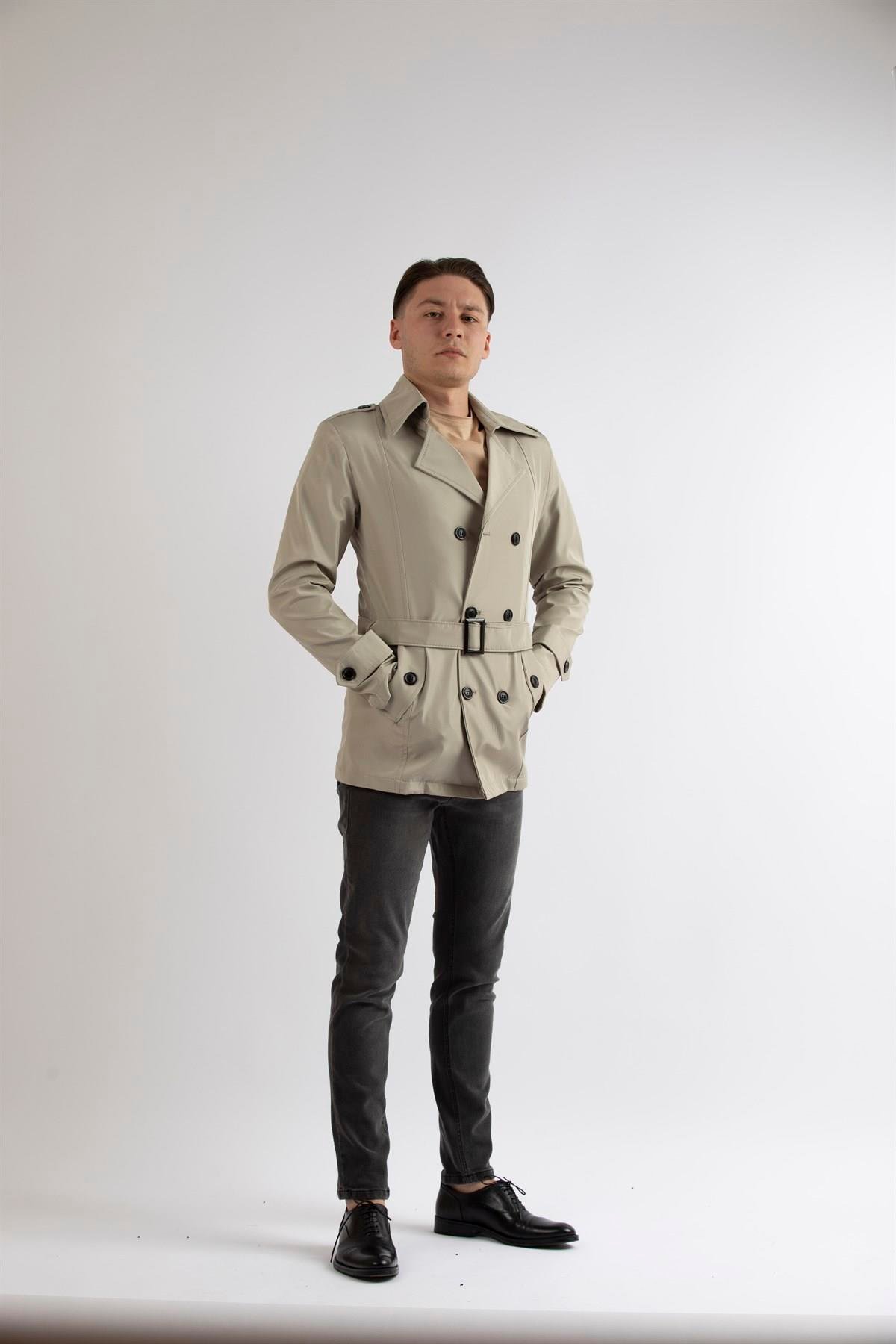 Maserto Slim Fit Men's Short Model Cream Trench Coat