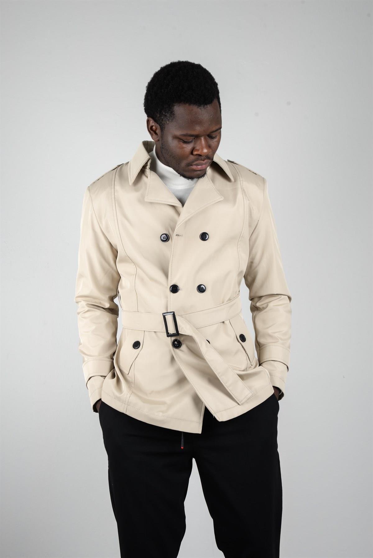 Maserto Slim Fit Men's Short Model Cream Trench Coat