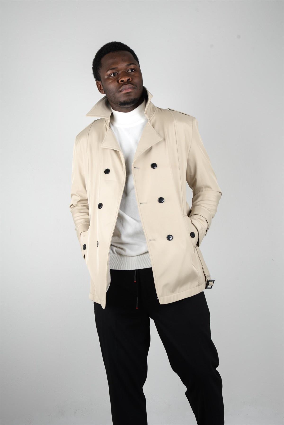Maserto Slim Fit Men's Short Model Cream Trench Coat