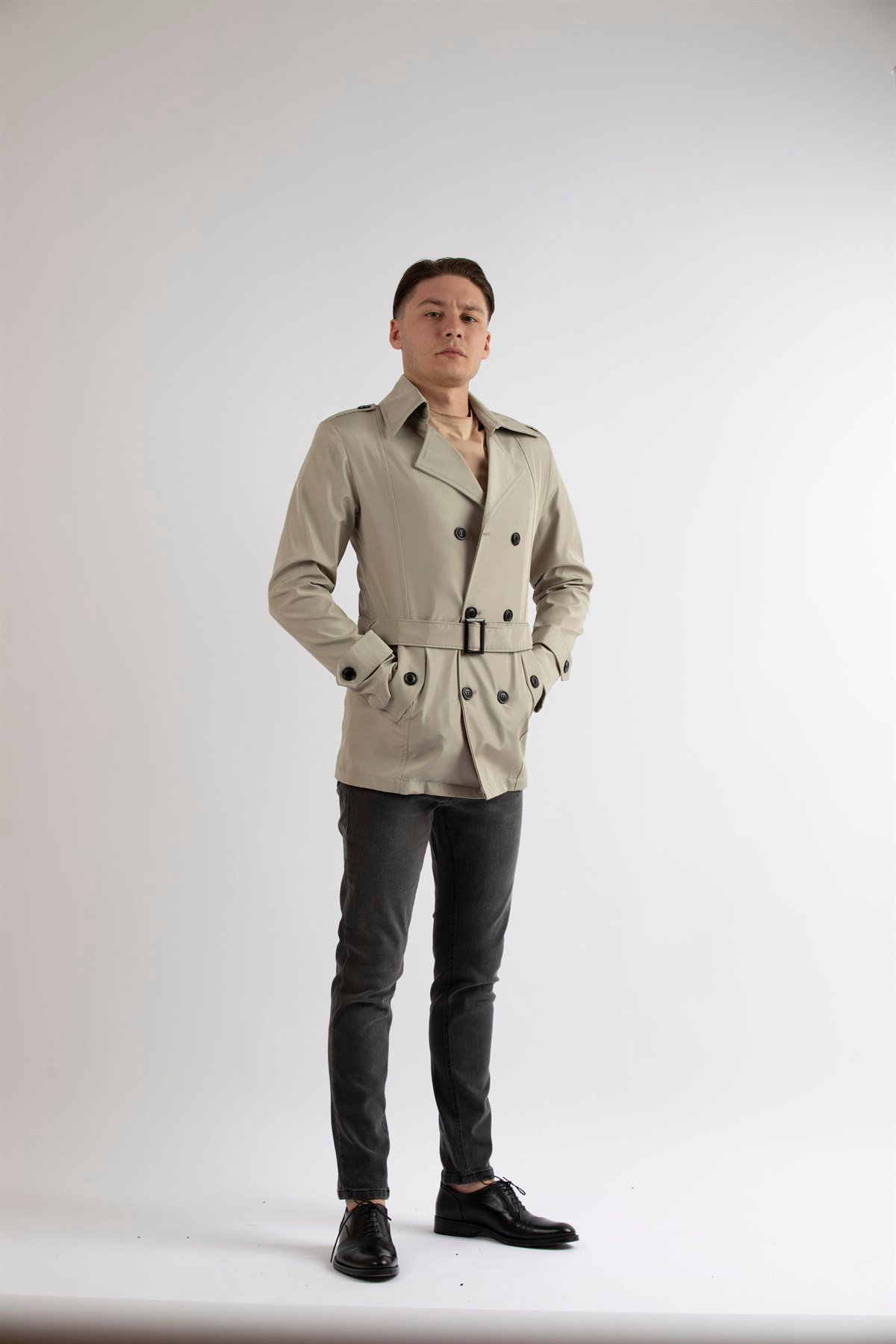 Maserto Slim Fit Men's Short Model Cream Trench Coat