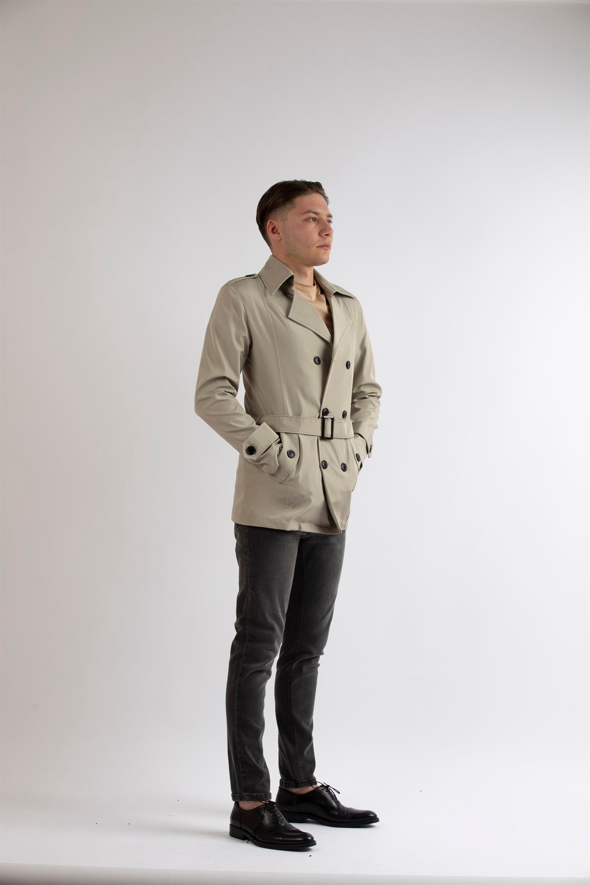 Maserto Slim Fit Men's Short Model Cream Trench Coat