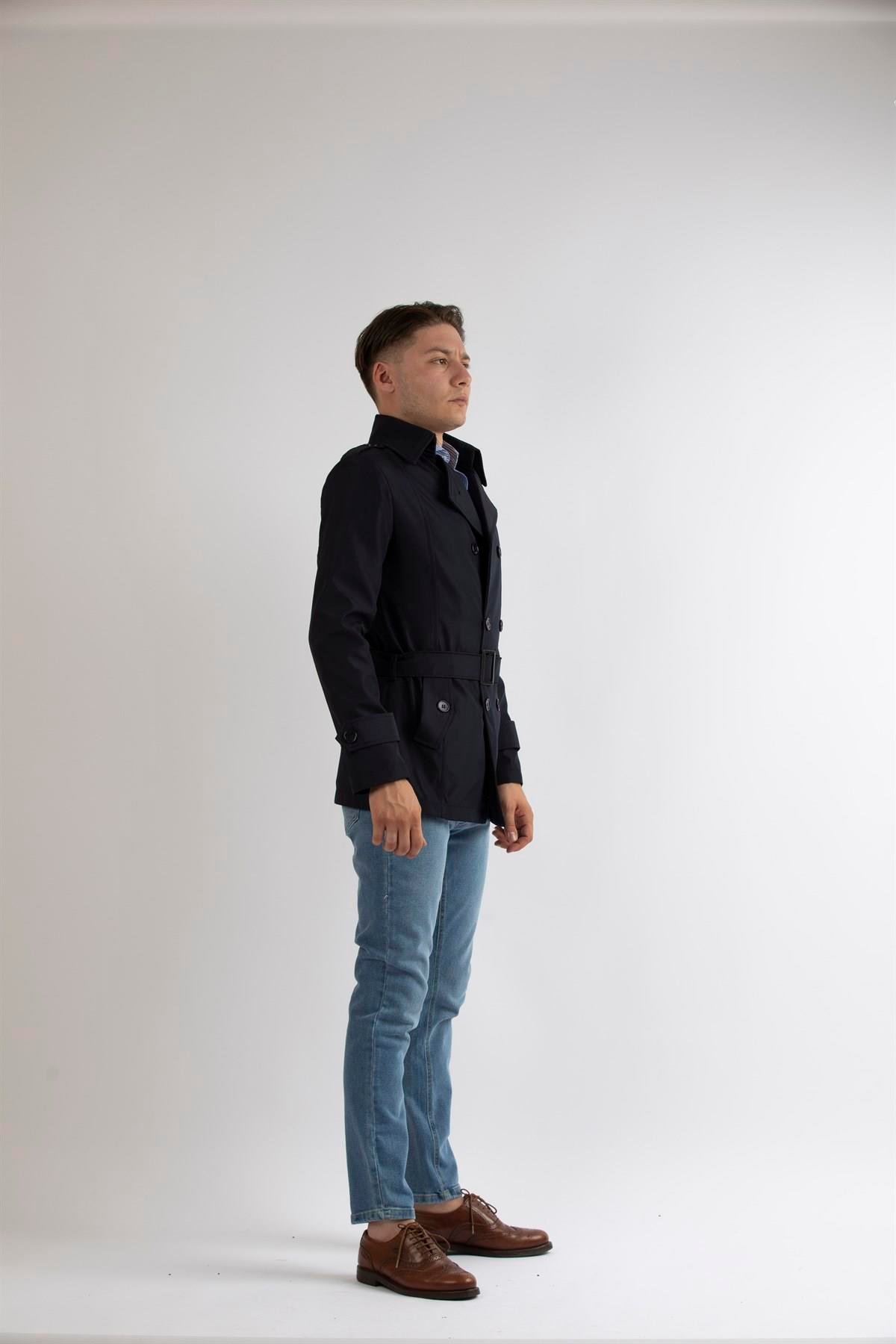 Maserto Slim Fit Men's Short Model Navy Blue Trench Coat