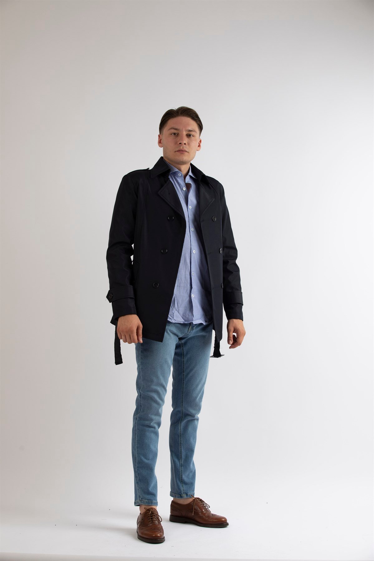 Maserto Slim Fit Men's Short Model Navy Blue Trench Coat