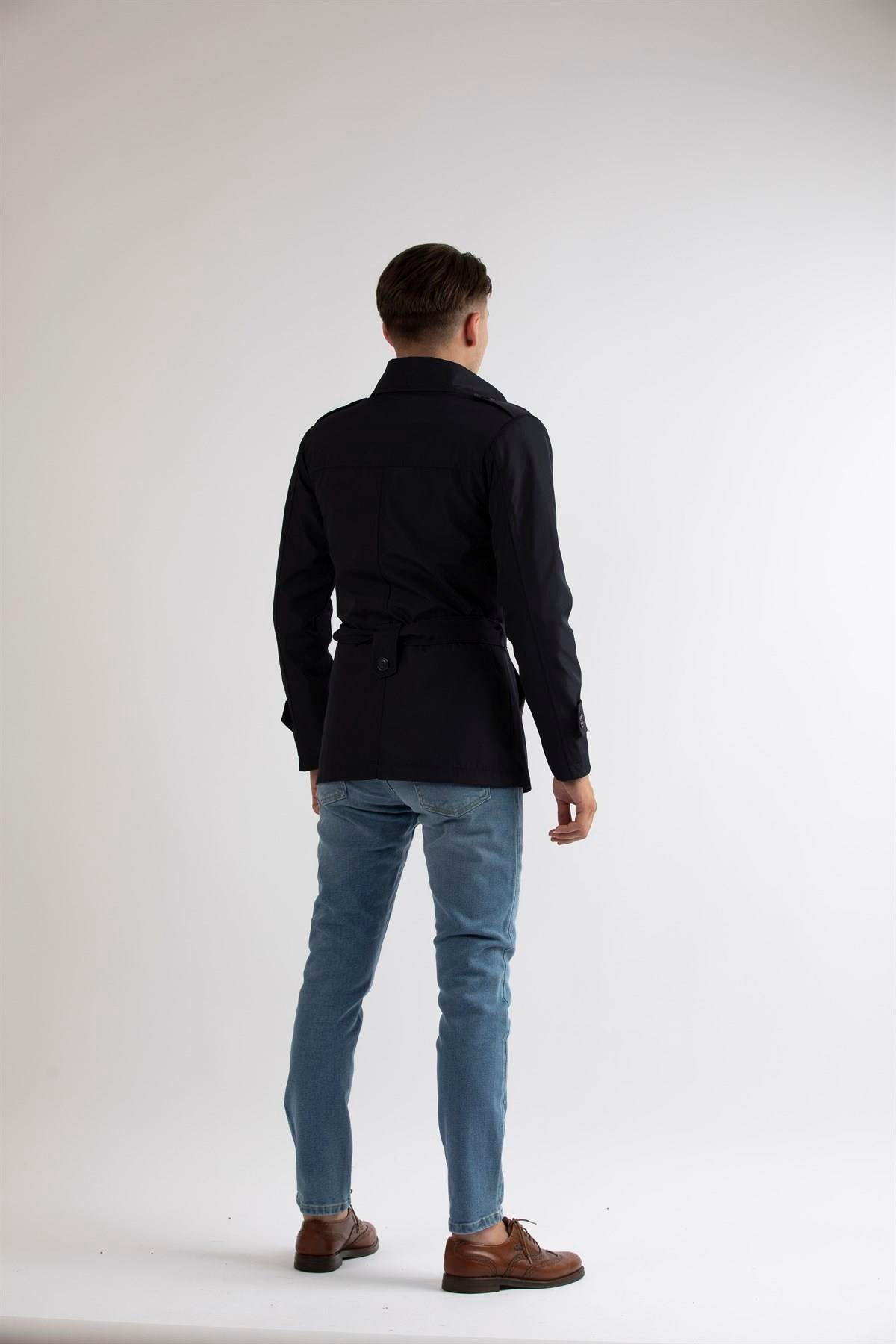 Maserto Slim Fit Men's Short Model Navy Blue Trench Coat