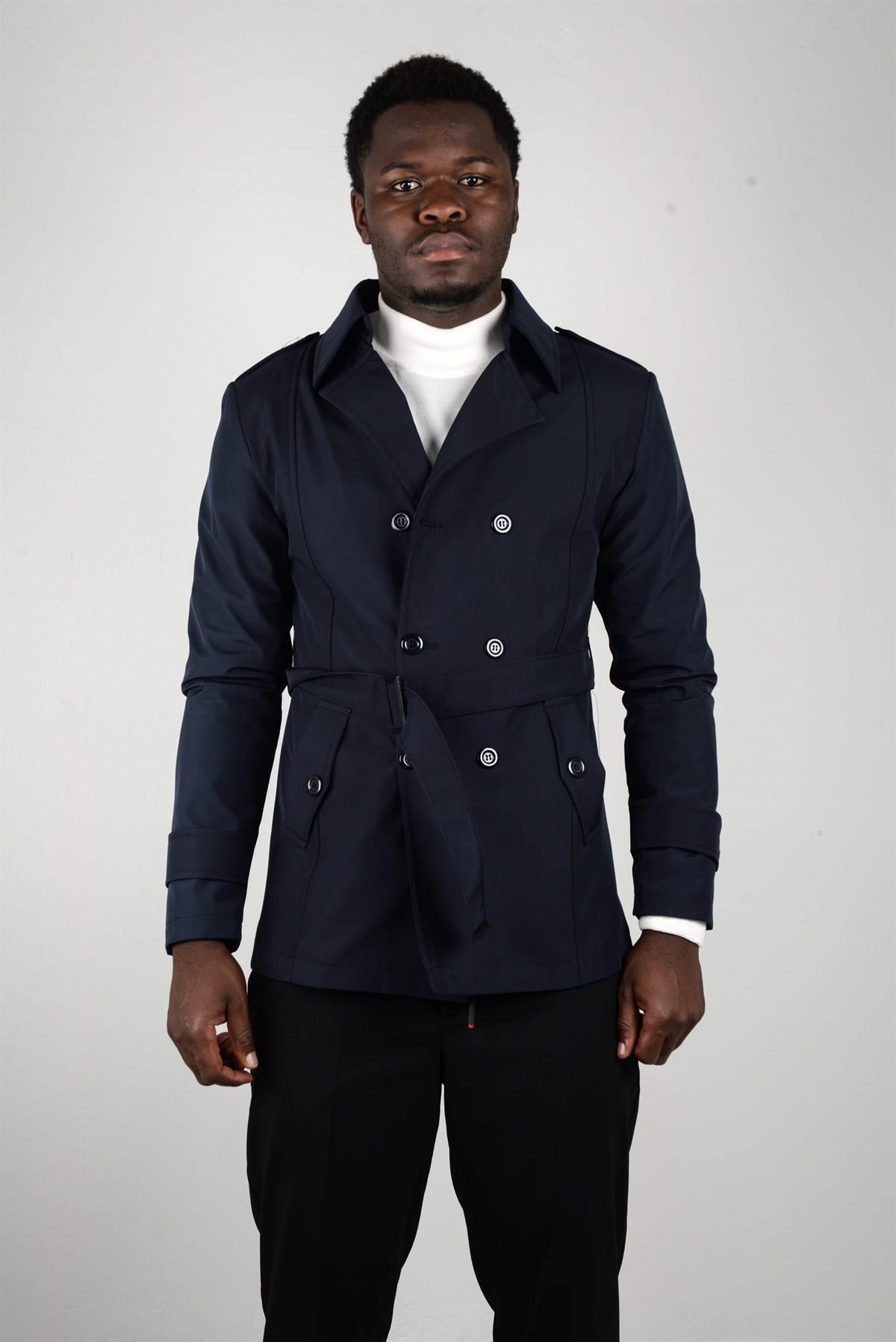 Maserto Slim Fit Men's Short Model Navy Blue Trench Coat
