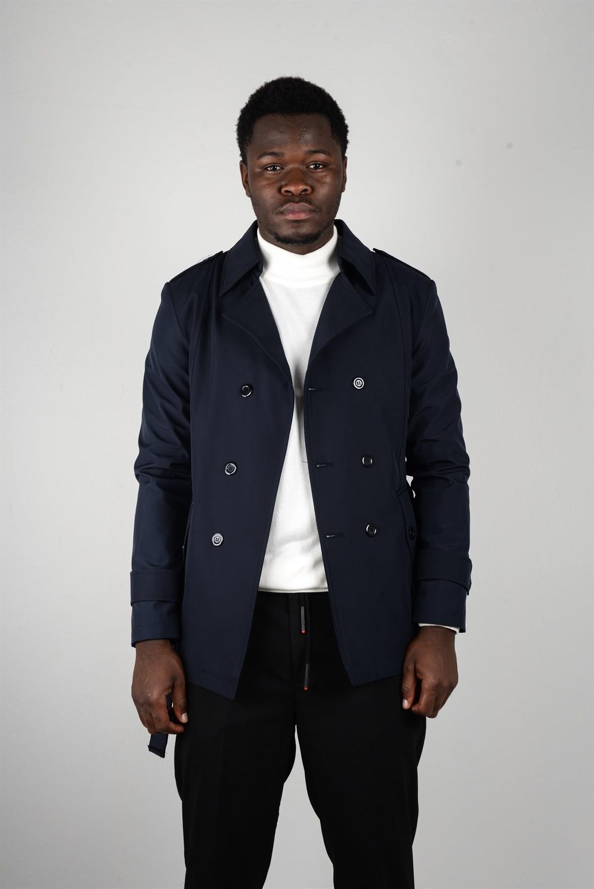 Maserto Slim Fit Men's Short Model Navy Blue Trench Coat