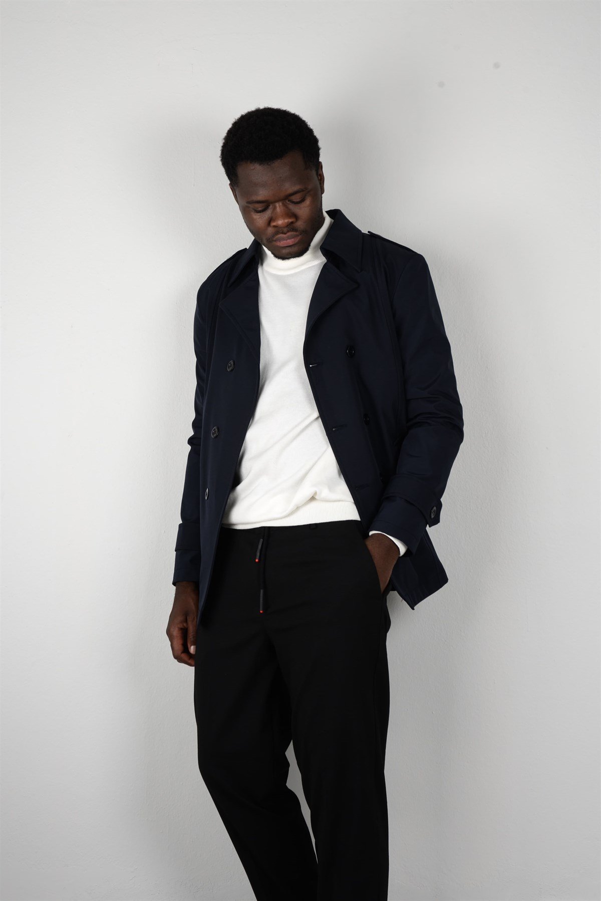 Maserto Slim Fit Men's Short Model Navy Blue Trench Coat