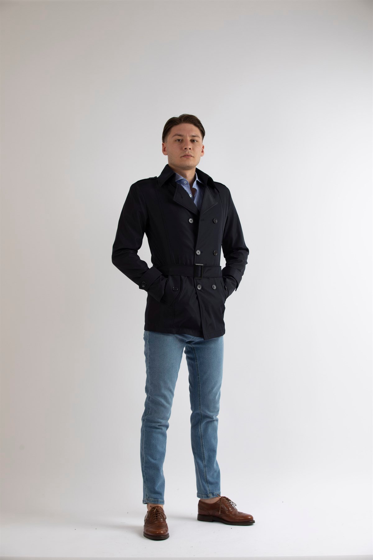 Maserto Slim Fit Men's Short Model Navy Blue Trench Coat