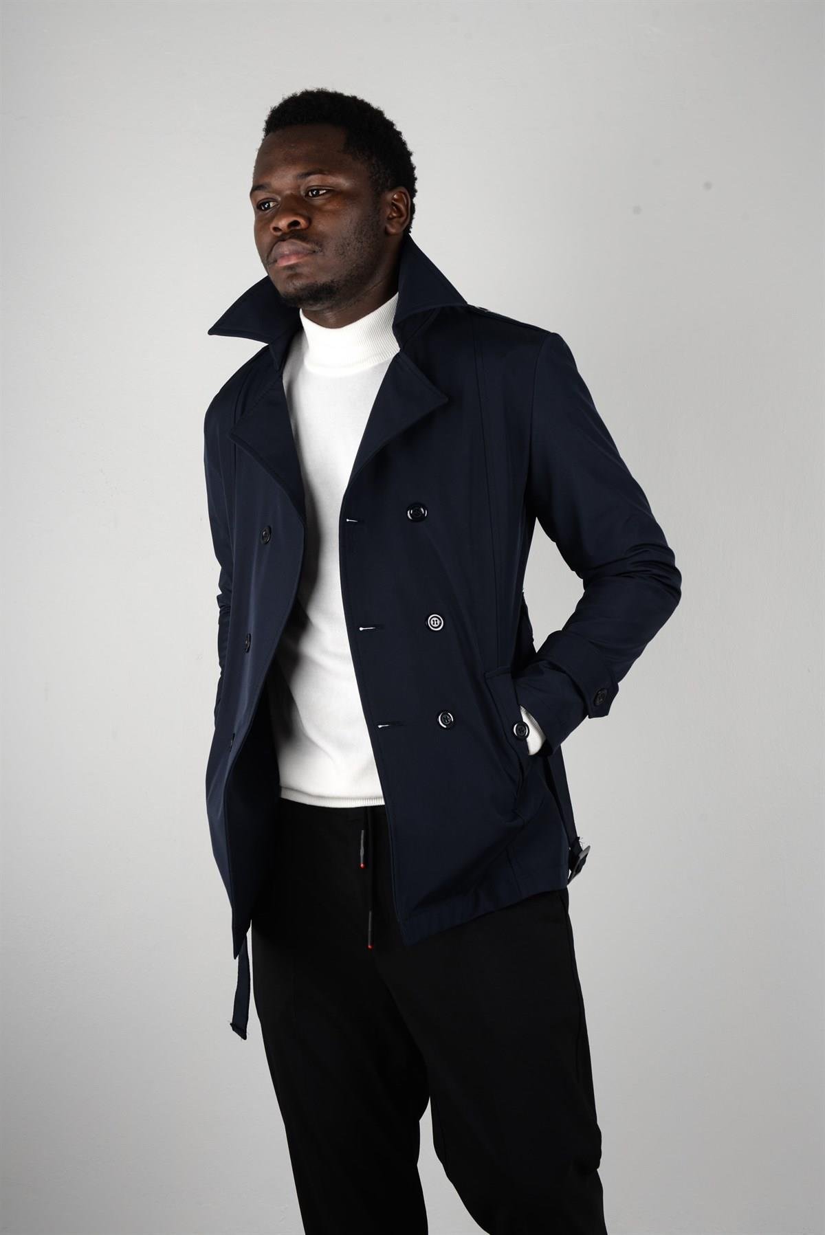 Maserto Slim Fit Men's Short Model Navy Blue Trench Coat