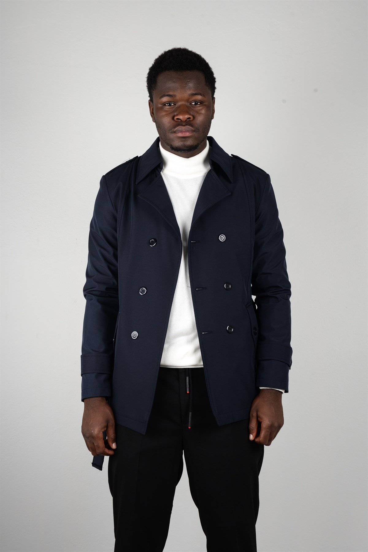 Maserto Slim Fit Men's Short Model Navy Blue Trench Coat