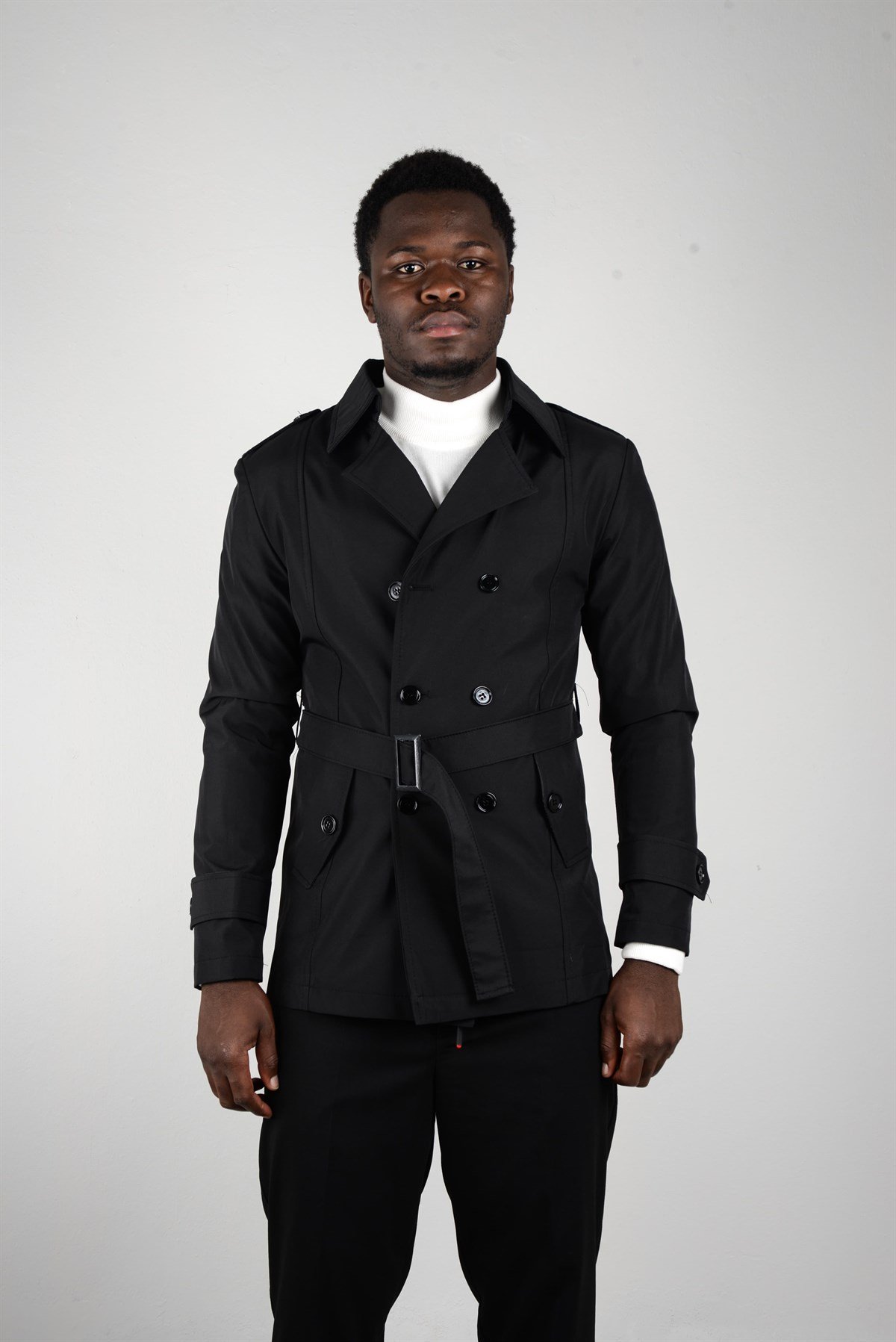 Maserto Slim Fit Men's Short Model Black Trench Coat