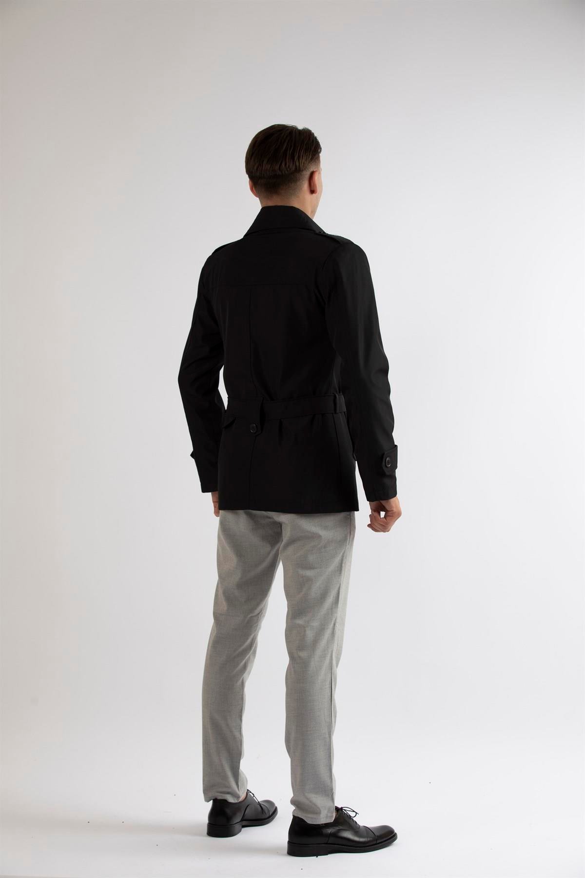 Maserto Slim Fit Men's Short Model Black Trench Coat