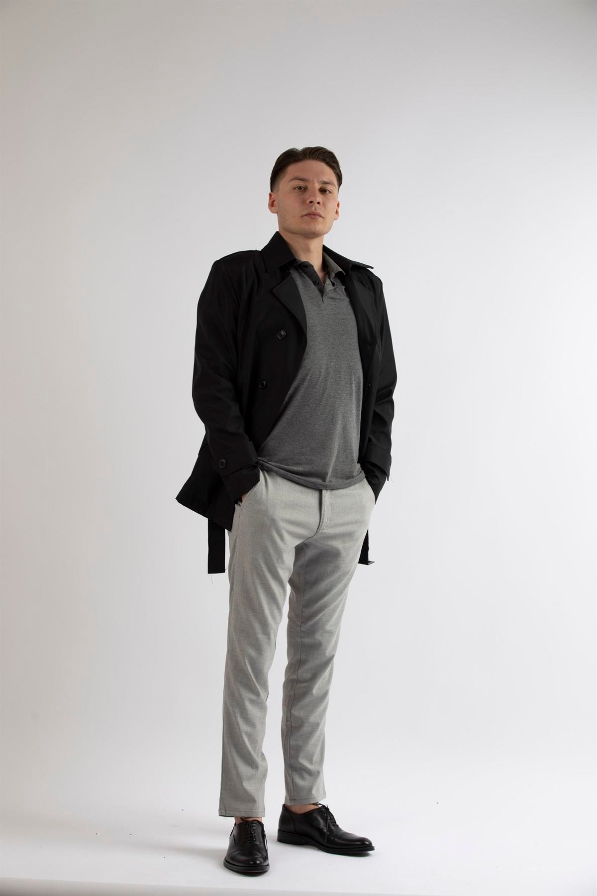 Maserto Slim Fit Men's Short Model Black Trench Coat