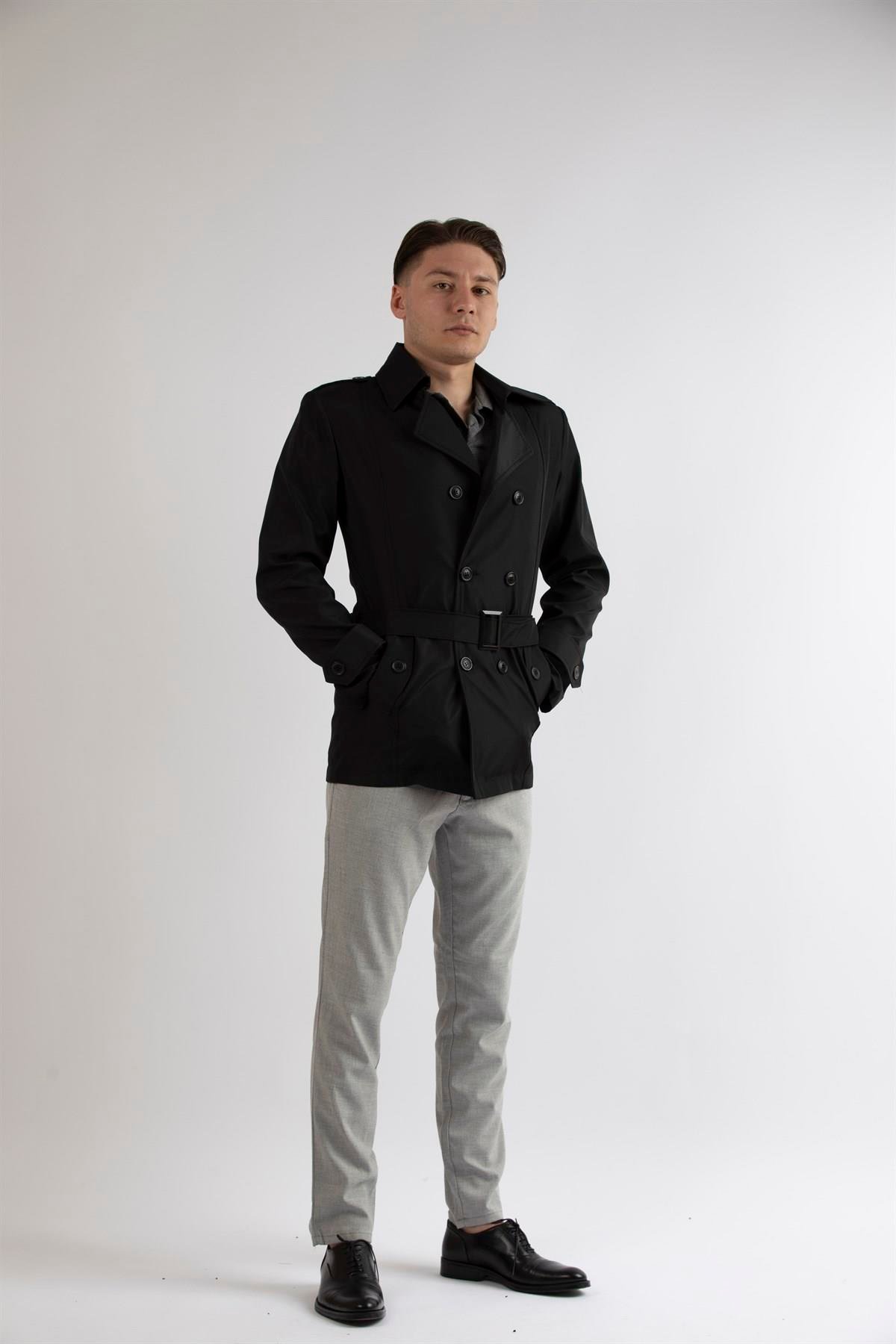 Maserto Slim Fit Men's Short Model Black Trench Coat