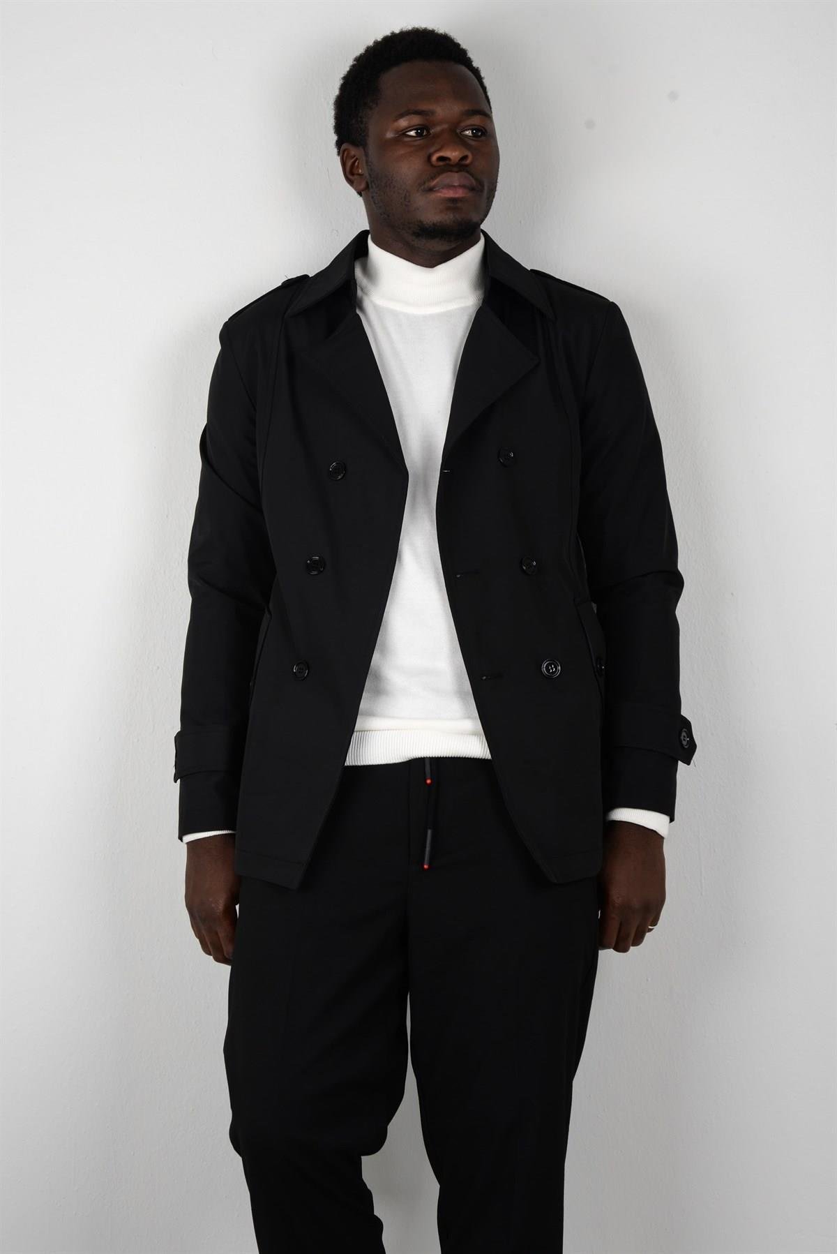 Maserto Slim Fit Men's Short Model Black Trench Coat