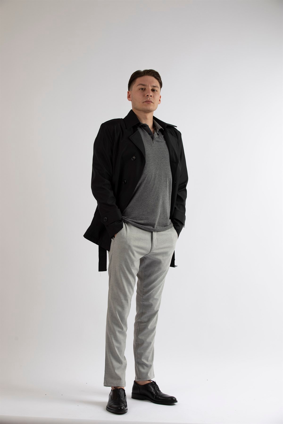 Maserto Slim Fit Men's Short Model Black Trench Coat