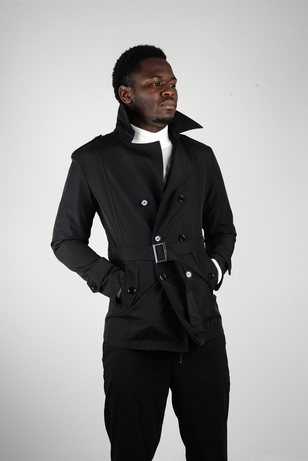 Maserto Slim Fit Men's Short Model Black Trench Coat