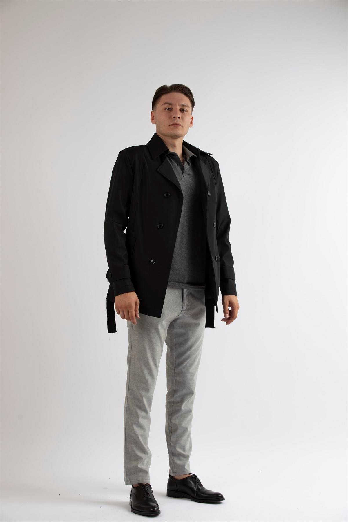 Maserto Slim Fit Men's Short Model Black Trench Coat